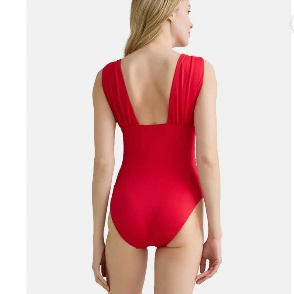 Plunge V-Neck One-Piece Full Coverage Swimsuit in Red/Orange